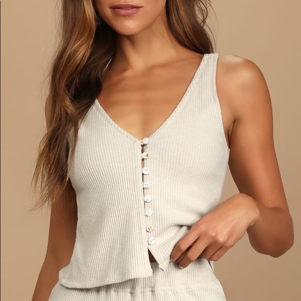 Lulu’s Effortless Endeavor Beige Ribbed Knit Button-Up Tank Top